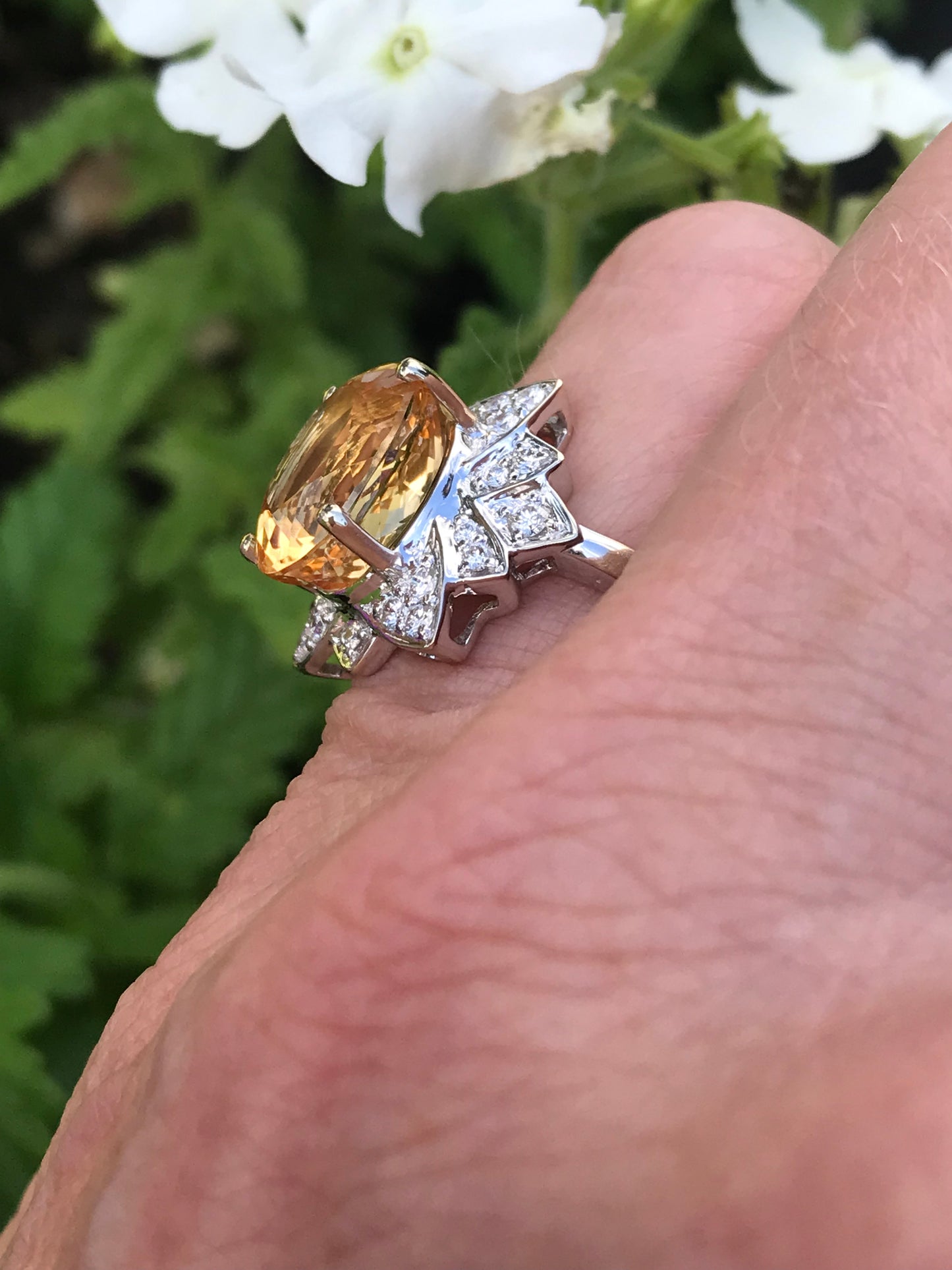 White gold imperial topaz ring set with a floral diamond surround Ring Rock Lobster   