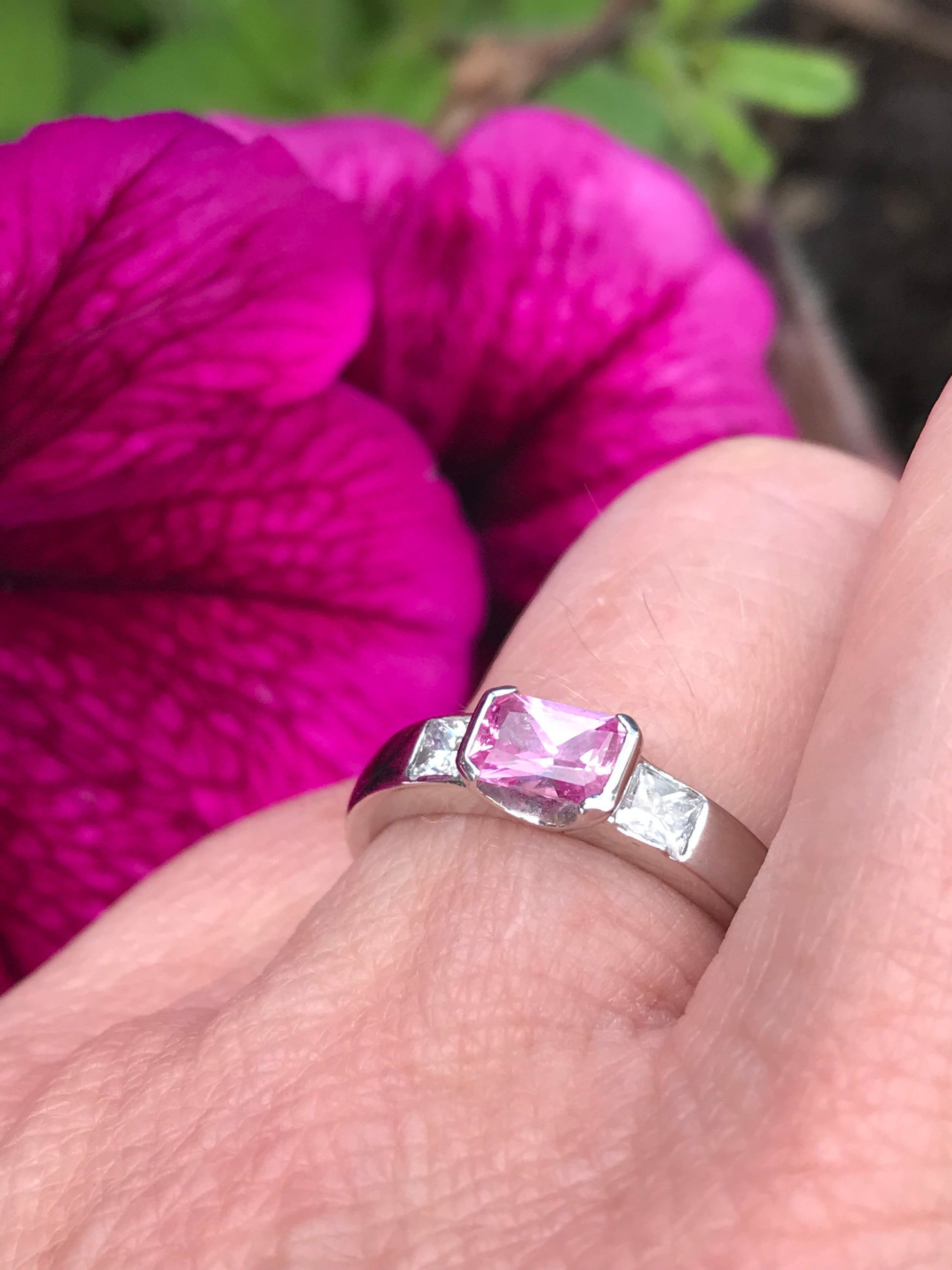 Platinum pink sapphire and diamond trilogy ring Ring Christopher Wharton   