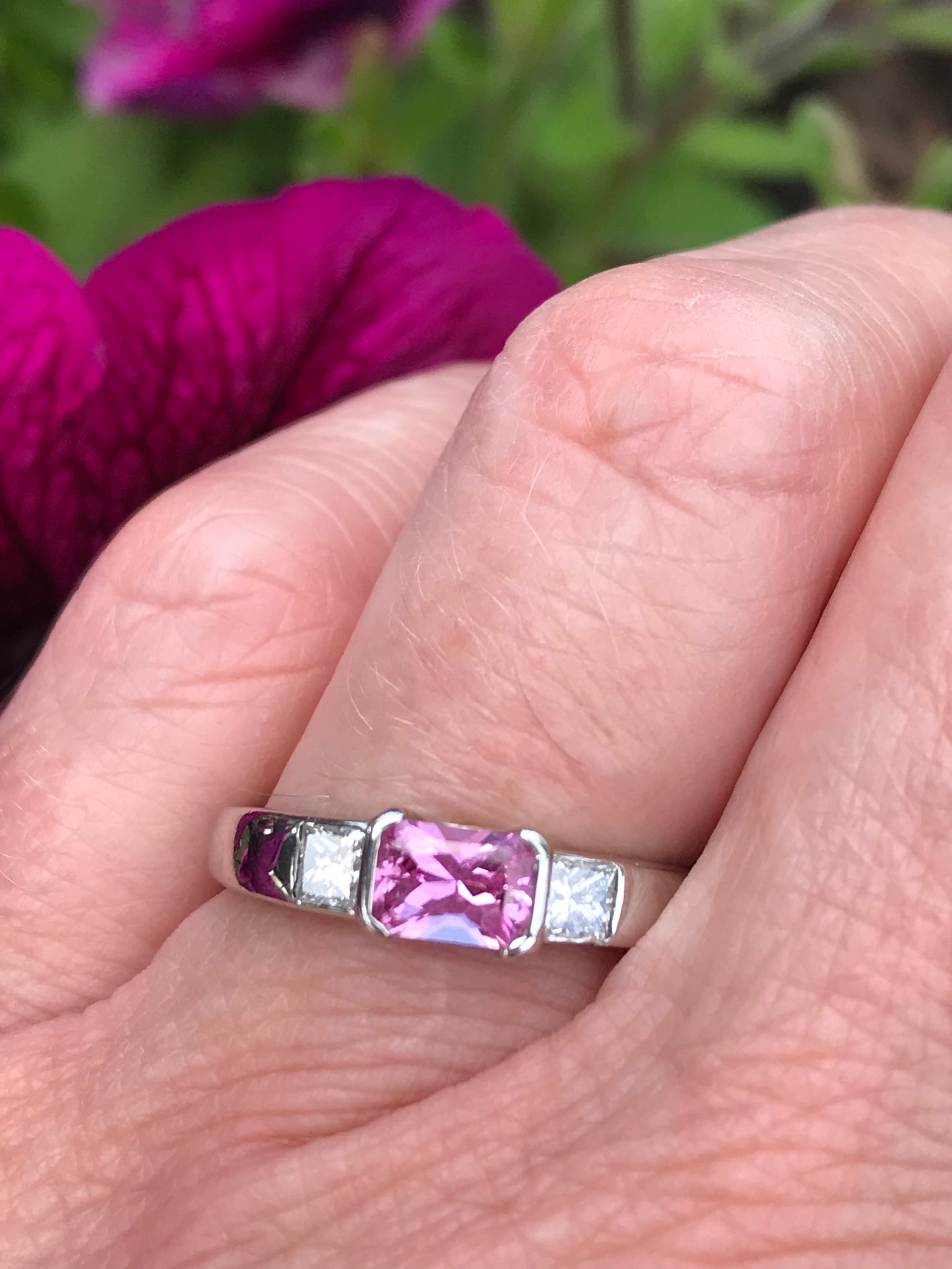 Platinum pink sapphire and diamond trilogy ring Ring Christopher Wharton   