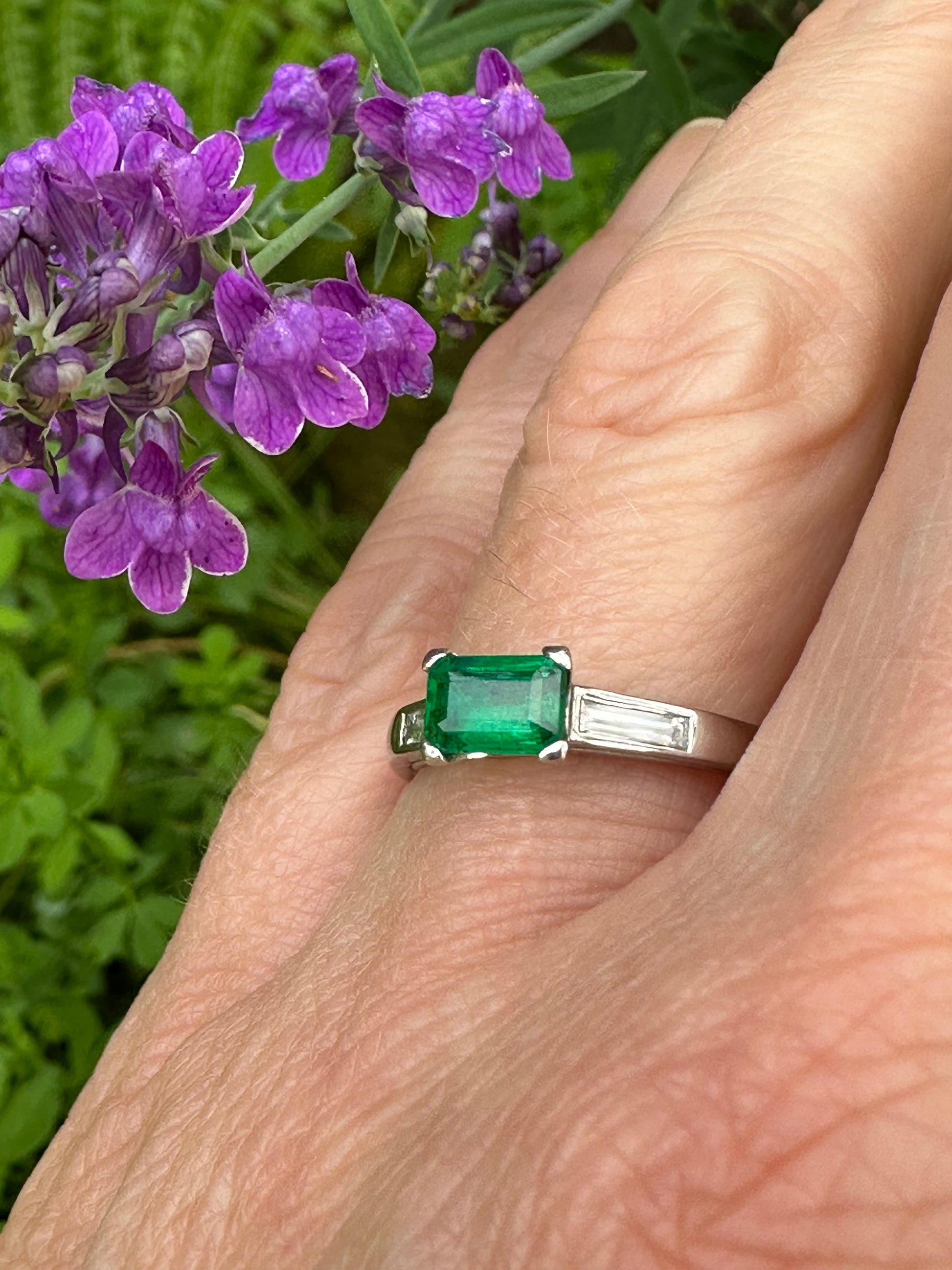 Platinum & emerald ring with baguette diamonds Ring Christopher Wharton   